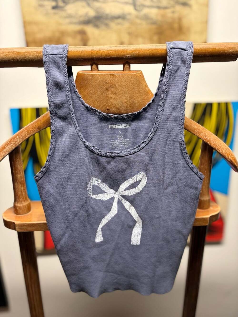 RSQ Tank Top Size S Blue Bow Print Ribbed Lace Trim Cropped